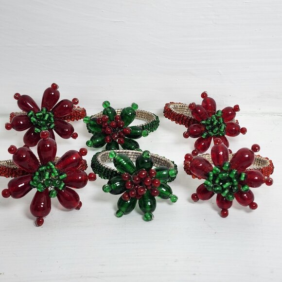 6 Red Green Glass Beaded Napkin Rings Holders Floral Set vtg holiday Christmas - Picture 3 of 11